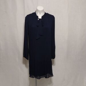 DKNY Midnight Blue Pleated Long Sleeve Tie-Neck Shift Dress Elegant Plus Size 14